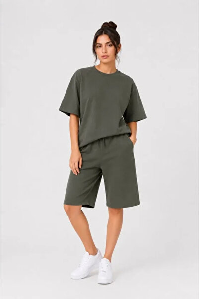 Wear Up Bottom Top Set Two Yarn Fabric Crew Neck T-Shirt with Pockets and Kne...