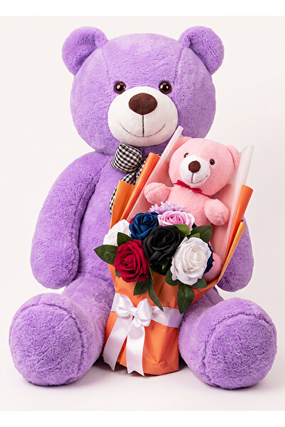 Linalux Gifts 90cm Purple Teddy Bear and Pink Teddy Bear Colorful Rose Bouque...