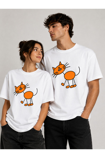 VODEXA Unisex Oversize T-Shirt Orange Cat Printed 100% Cotton T-Shirt Comfort...