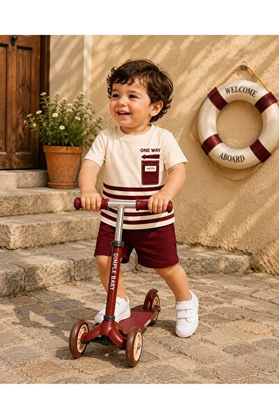 DimpleBaby Çizgili Yazlık Şortlu Bebek Takımı One Way Baskılı 0-24 Ay