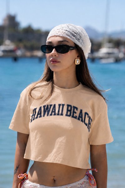 Merci Women's Mustard Comfortable Fit Hawaiian Printed Crop T-Shirt (95% Cotton)