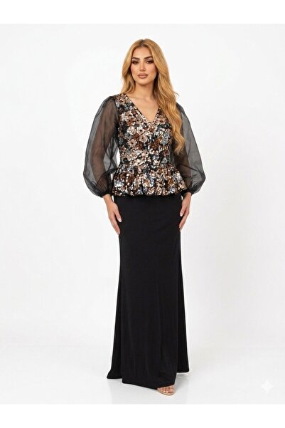 sea gulf Women's Evening Dress with Embroidered Bodice and Transparent Sleeves