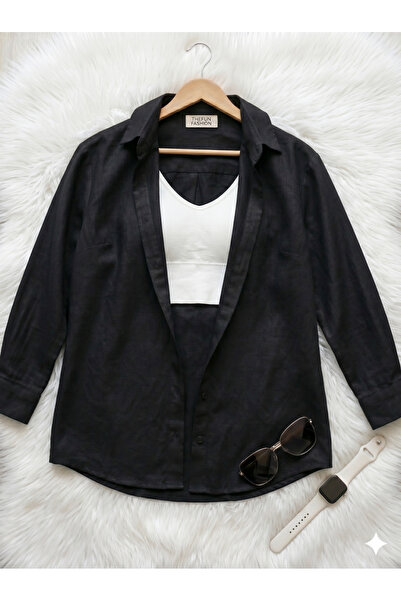 thefun fashion Women's Oversize Cut Woven Linen Long Sleeve Black Shirt 100% ...