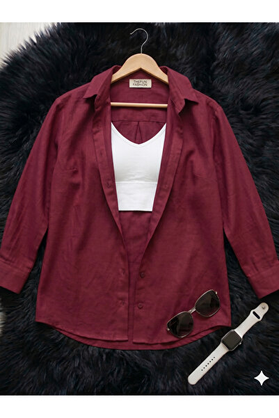thefun fashion Women's Oversize Cut Woven Linen Long Sleeve Burgundy Shirt 10...