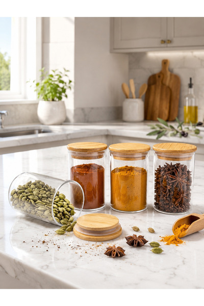 mafa home 12-Piece Bamboo Vacuum Lid Borosilicate Glass Spice Set 270 ml
