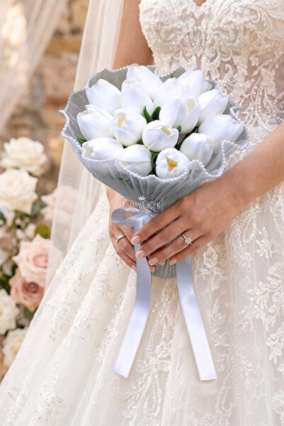 Yapay Çiçek Deposu Pure Tulip Wet Tulip Bridal Bouquet Set of 2 with Pearls a...