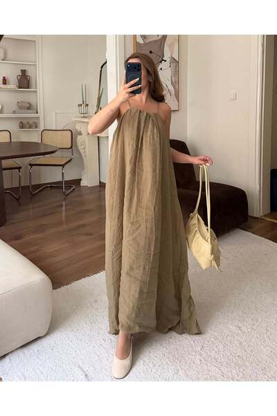 FERZOLAİO Haki Halter Yaka Maxi Elbise