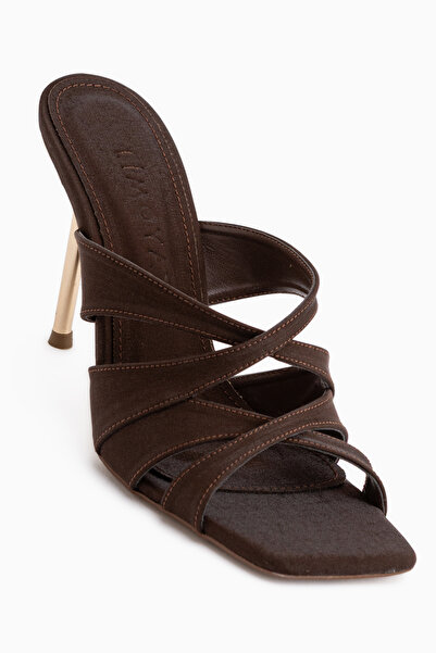 Limoya Roshin Brown Cross-Strapped Thin Heeled Women's Slippers