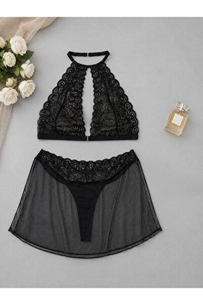 cdh çeyize dair herşey Plus Size Black Lace Bralet and Tulle Skirt Lingerie S...