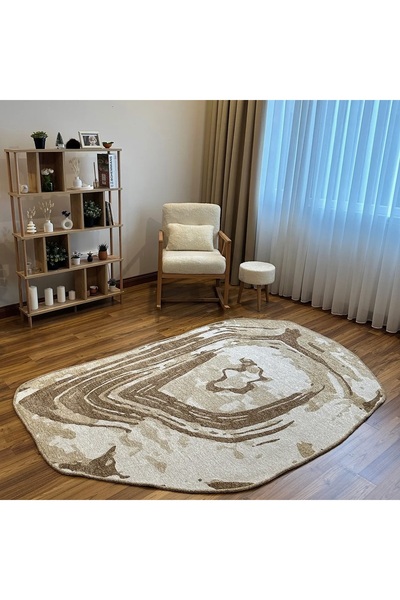TÜRKERİ Çift Taraflı Amorf Bej Kahve Modern Salon Halısı Yıkanabilir Dekoratif Halı