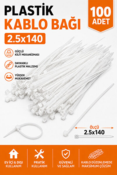 Badem10 Kablo Bağı Plastik Cırt Kelepçe 2.5x140 mm Beyaz 100 Adet Dayanıklı Ç...