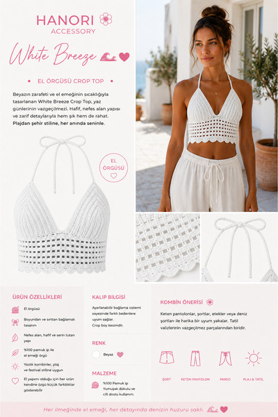 Hanori Accessory – White Breeze El Örgüsü Crop Top