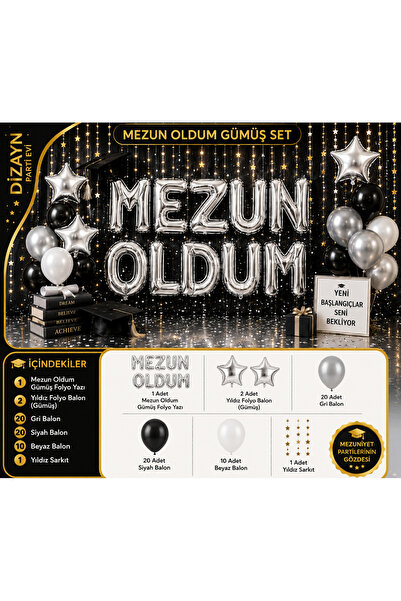 Dizayn Parti Evi Mezun Oldum Gümüş Parti Seti | Gümüş Folyo Yazı, Yıldız Foly...