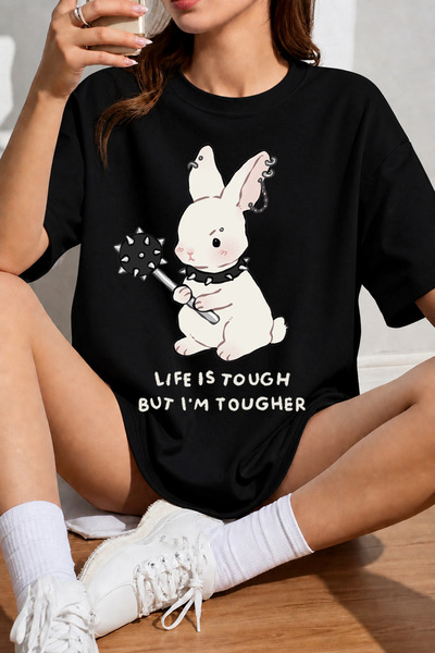 Velostra Women's Life Is Tough Cute Rabbit Printed Oversize Crew Neck Cotton ...