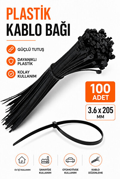 Badem10 Plastik Kablo Bağı 3.6x205 mm Siyah 100 Adet Dayanıklı Cırt Kelepçe D...