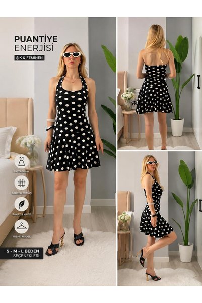 rose tml giyim Women's Black and White Polka Dot Halter Neck Mini Dress - Stylish and Feminine Design