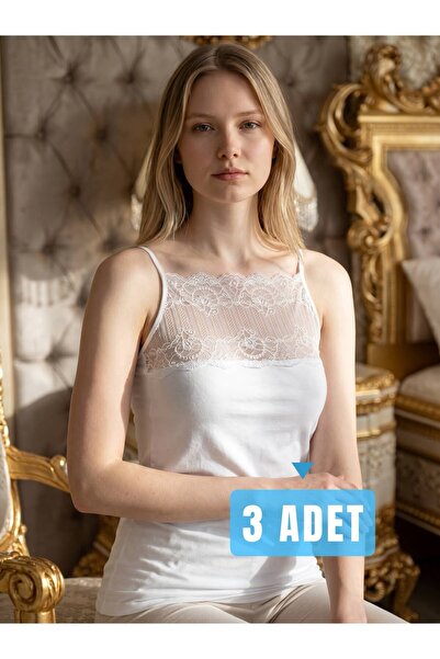 GİYU SHOP Kadın3'Lü İnce Askılı Likralı Geniş Dantelli Atlet