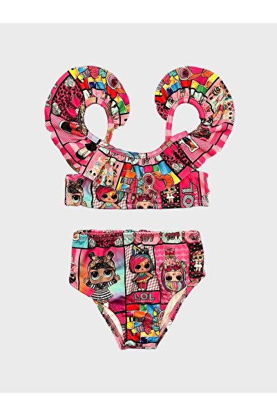 tusem butik homewear Girl's Pink Cute Character Patterned Ruffle Bikini Set