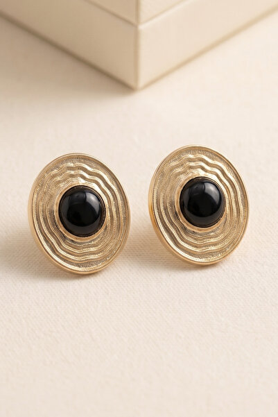 AURRARİ Vintage Black Enamel Striped Upright Ellipse Earrings