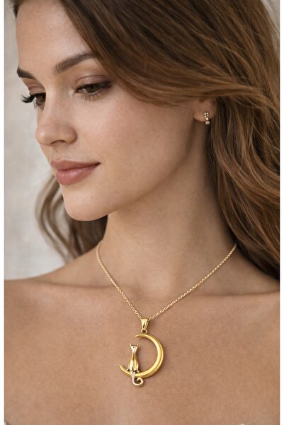 Larezo 925 Silver Necklace with Gold Plated, Crescent Moon Pendant with Cat, ...