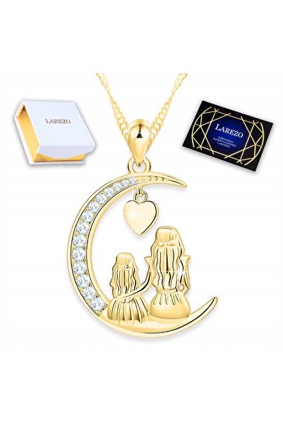 Larezo 925 Silver Necklace Gold Plated, Moon Mother and Child Zirconia Pendan...