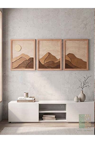 vita 3 Parça Ahşap Dağ Manzarası Duvar Tablosu 30x30 cm