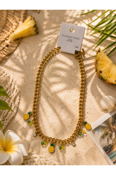Arthesia Jewelry Ananas Charm Detaylı Zincir Kolye – 316L Paslanmaz Çelik 14K...