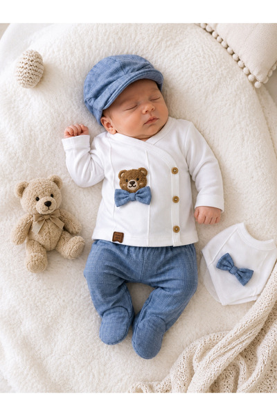 My Babies Label Baby Boy Waffle Fabric Teddy Bear Detailed 5-Piece Hospital R...