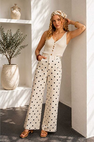 MissPuL Polka Dot Patterned Zippered Palazzo Trousers Jean White