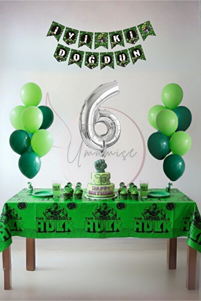 Umamiçe Hulk Themed 6Th Birthday Party Set – Tablecloth + Banner + 6 Number B...