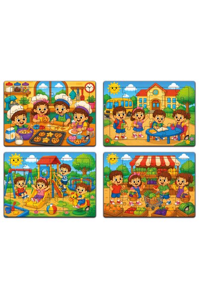 minİQ toys Minikler Discovery Series 4/5 Wooden 4-Piece Puzzle Set (in the Kitchen-School-Park-Market)