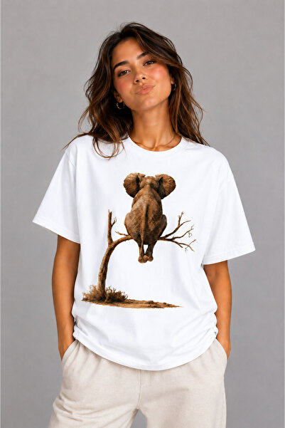 VODEXA Women's Oversize T-Shirt Elephant in the Brush Printed 100% Cotton T-S...