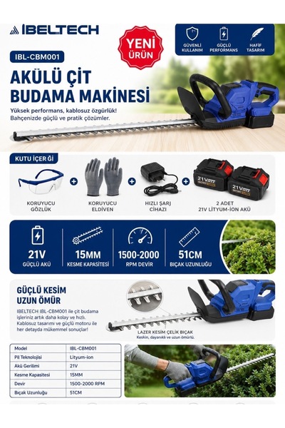 İBELTECH IBL-CBM001 Akülü Çit Budama Makinesi 51 cm Bıçaklı 21V 2 Akülü Profe...