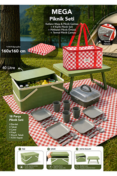 Meleni Home Mega Piknik Set -Katlanır Masa Piknik Sepeti 18 Parça Yemek Seti ...