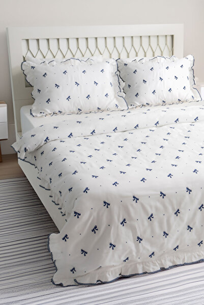 Nazik Home Serena Bow Embroidered Cotton Satin Single 4-Piece Duvet Cover Set