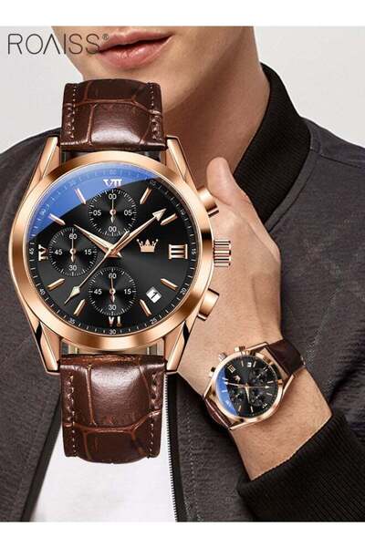 ROAISS Mens Chronograph Quartz Watch Luxury Leather Strap Black Dial Rose Gol...