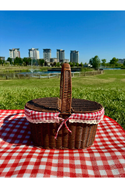 Bereketli Store Brown Wicker Picnic Basket Gingham Fabric |   Decorative Stor...