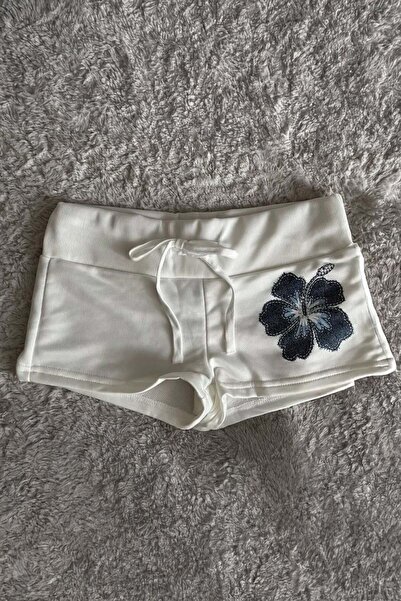 BALİNA Beyaz Lacivert Hibiskus Çiçeği İpli Y2K Mini Şort