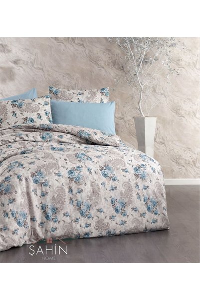 Şahinhome Set cuvertură de pilota dublă cu flori albastre și cearșaf elastic (160x200)
