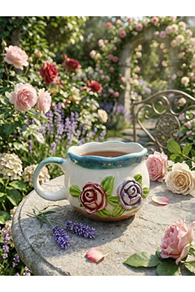 Salizera Rose Embossed 300 ml Handmade Ceramic Mug Cup-Gift Coffee Tea Hot Co...