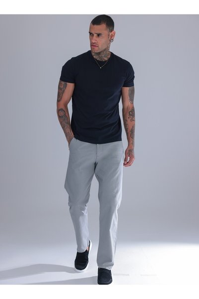 Siyah İz Men's Gray Linen Trousers – Comfortable Fit with Elastic Waist, Summer Casual Trousers with Piped Cuffs