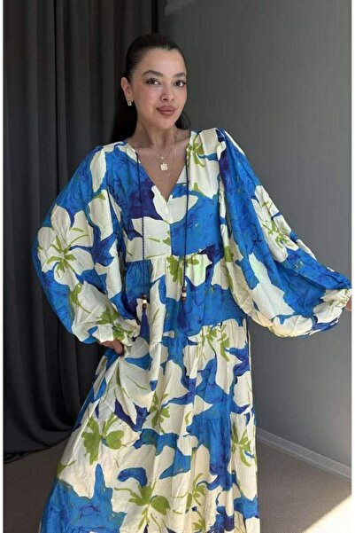Çiğdem Sonkur Butik V Yaka Balon Kol Çiçek Detaylı Elbise