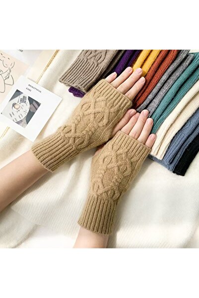 Choice5 Khaki Knitted Warm Fried Dough Twists Fingerless Gloves for Women Sim...