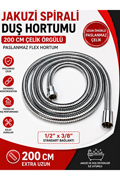 AYRINTISHOP Jakuzi Spirali Duş Hortumu 200 cm Çelik Örgülü Paslanmaz Flex Hor...