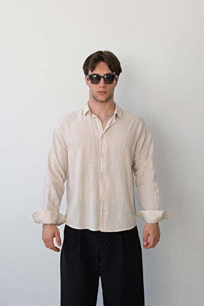 Flaw Wear Basic Oversize Beige Raw Linen Shirt