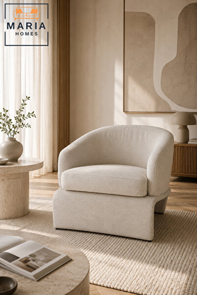 MARIA HOMES Beige Barrel Accent Chair – Modern Upholstered Lounge Chair for L...