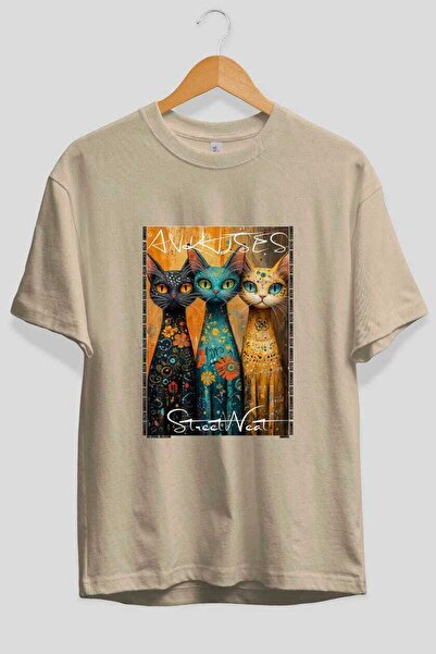 Ankhises Μπλουζάκι  "For the Love of Cats " με 66 σχέδια γάτας, μπεζ χρώμα, o...
