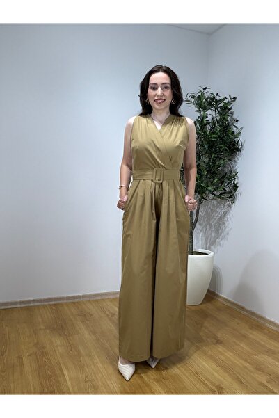 SERENCE BOUTİQUE Camel Kruvaze Kemerli Poplin Tulum