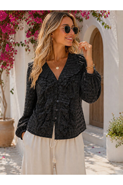 semela New Season Ruffled Collar Thin Summer Fabric Short Buttoned Shirt