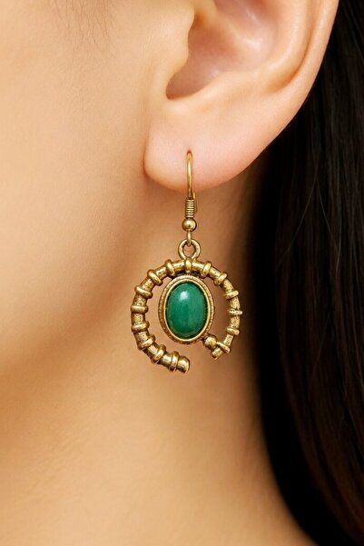 Fildişi Aksesuar Bohemian Style Green Stone Antique Handmade Hoop Women's Ear...